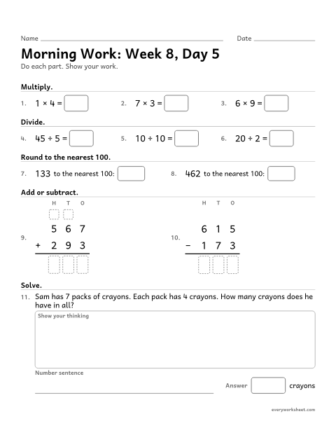 Preview of the printable “Morning Work: week 8, day 5” worksheet: mixed 3rd grade math review
