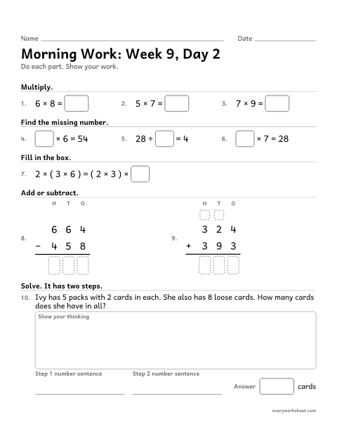 Preview of the printable “Morning Work: week 9, day 2” worksheet: mixed 3rd grade math review