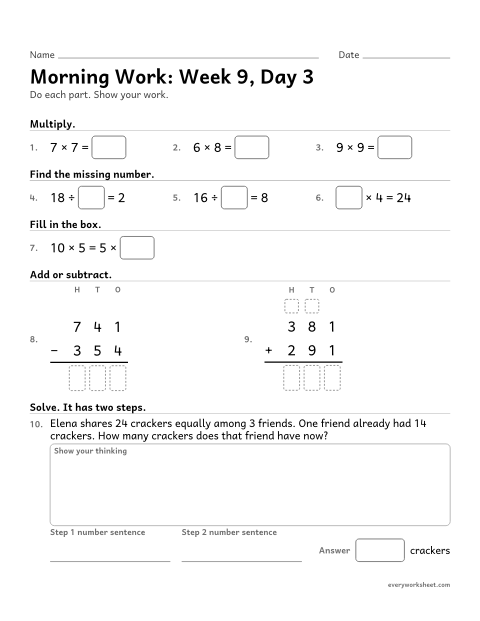 Preview of the printable “Morning Work: week 9, day 3” worksheet: mixed 3rd grade math review