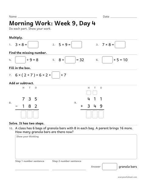 Preview of the printable “Morning Work: week 9, day 4” worksheet: mixed 3rd grade math review