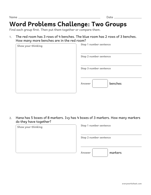 Preview of the printable “Word problems Challenge: two groups” worksheet: solving multi-step problems with two products