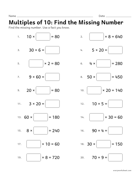 Preview of the printable “Multiples of 10: find the missing number” worksheet: finding unknown factors with multiples of 10