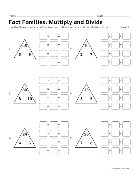 Preview of the printable “Fact Families: multiply and Divide, sheet A” worksheet: writing multiplication and division fact families
