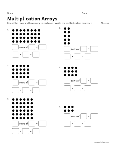 Preview of the printable “Multiplication Arrays, sheet A” worksheet: writing a multiplication sentence for an array