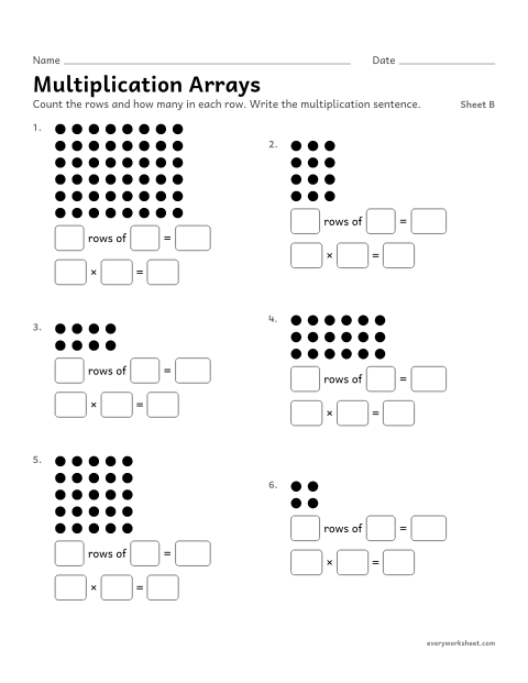 Preview of the printable “Multiplication Arrays, sheet B” worksheet: writing a multiplication sentence for an array