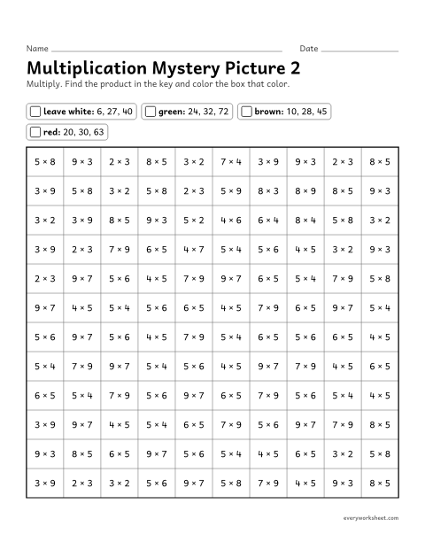 Preview of the printable “Multiplication mystery picture 2” worksheet: multiplication facts within 100 (color by product)