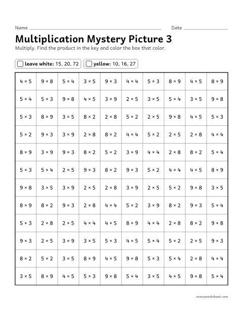 Preview of the printable “Multiplication mystery picture 3” worksheet: multiplication facts within 100 (color by product)