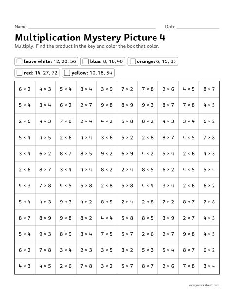 Preview of the printable “Multiplication mystery picture 4” worksheet: multiplication facts within 100 (color by product)