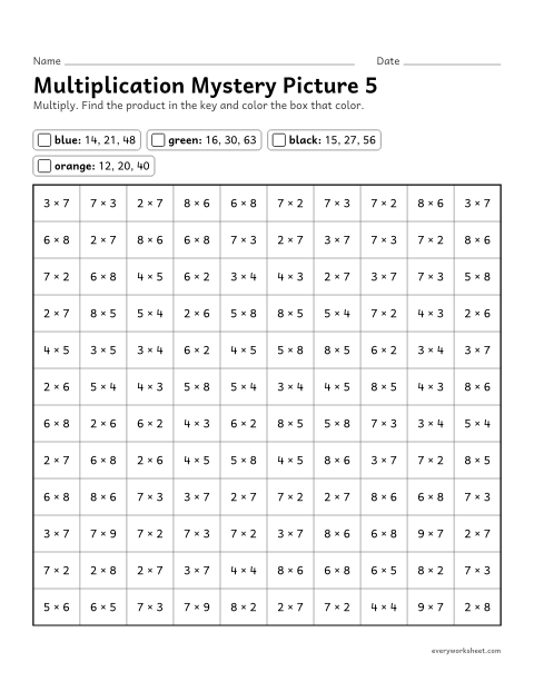 Preview of the printable “Multiplication mystery picture 5” worksheet: multiplication facts within 100 (color by product)