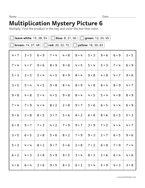 Preview of the printable “Multiplication mystery picture 6” worksheet: multiplication facts within 100 (color by product)
