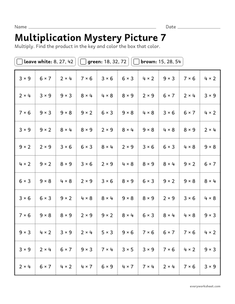 Preview of the printable “Multiplication mystery picture 7” worksheet: multiplication facts within 100 (color by product)