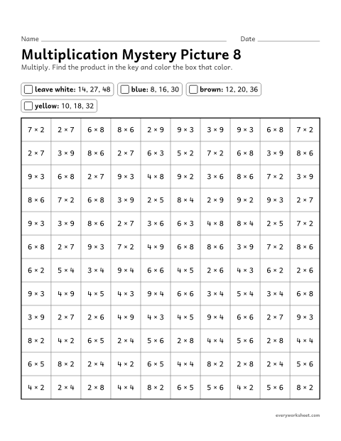 Preview of the printable “Multiplication mystery picture 8” worksheet: multiplication facts within 100 (color by product)