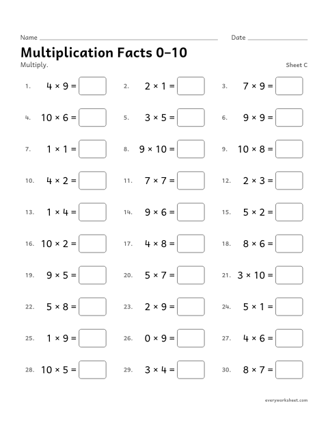 Preview of the printable “Multiplication facts 0–10, sheet C” worksheet: multiplication facts 0 to 10