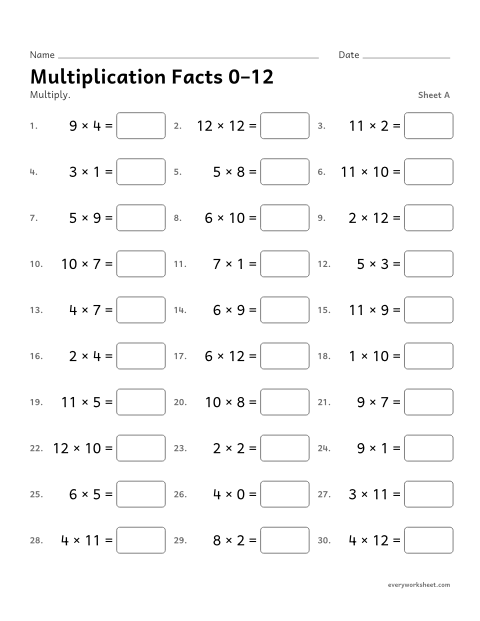 Preview of the printable “Multiplication facts 0–12, sheet A” worksheet: multiplication facts 0 to 12