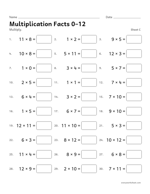 Preview of the printable “Multiplication facts 0–12, sheet C” worksheet: multiplication facts 0 to 12