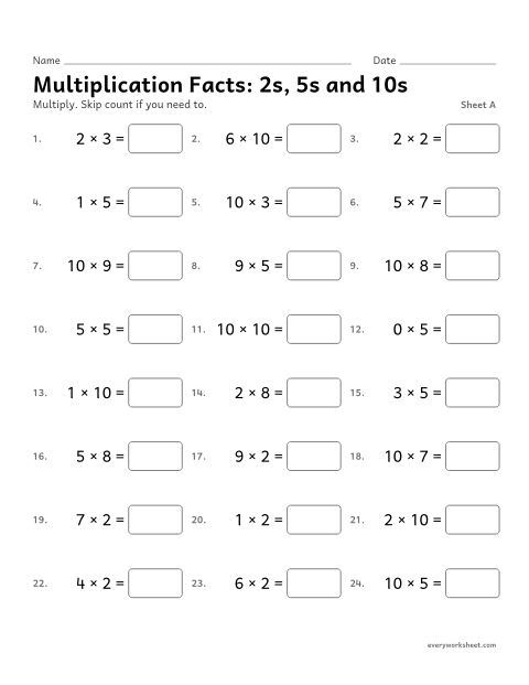 Preview of the printable “Multiplication Facts: 2s, 5s and 10s, sheet A” worksheet: multiplying by 2, 5 and 10