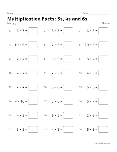 Preview of the printable “Multiplication Facts: 3s, 4s and 6s, sheet A” worksheet: multiplying by 3, 4 and 6