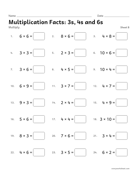 Preview of the printable “Multiplication Facts: 3s, 4s and 6s, sheet B” worksheet: multiplying by 3, 4 and 6