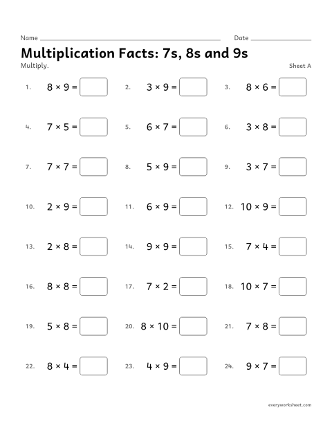 Preview of the printable “Multiplication Facts: 7s, 8s and 9s, sheet A” worksheet: multiplying by 7, 8 and 9