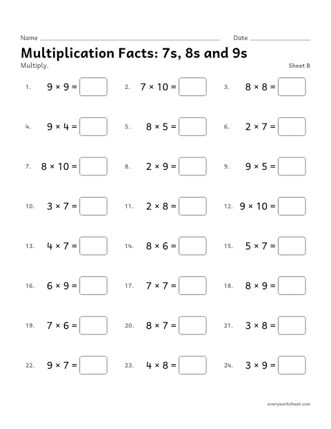 Preview of the printable “Multiplication Facts: 7s, 8s and 9s, sheet B” worksheet: multiplying by 7, 8 and 9