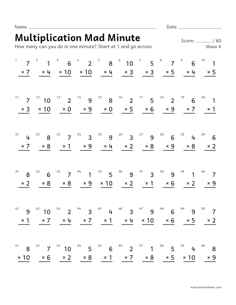 Preview of the printable “Multiplication mad Minute, sheet A” worksheet: multiplication facts 0 to 10 from memory