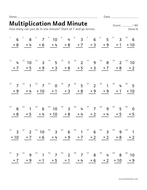 Preview of the printable “Multiplication mad Minute, sheet B” worksheet: multiplication facts 0 to 10 from memory