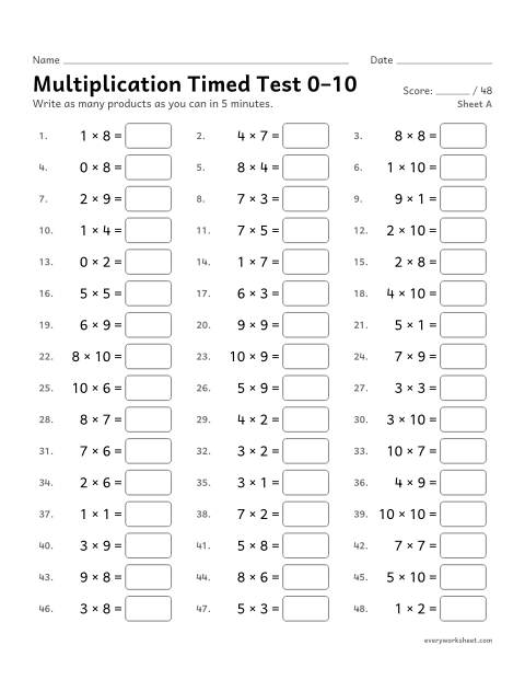 Preview of the printable “Multiplication timed test 0–10, sheet A” worksheet: multiplication facts 0 to 10 from memory