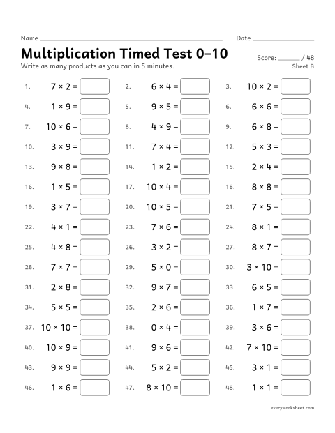 Preview of the printable “Multiplication timed test 0–10, sheet B” worksheet: multiplication facts 0 to 10 from memory