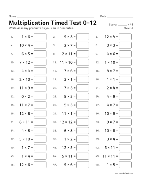 Preview of the printable “Multiplication timed test 0–12, sheet A” worksheet: multiplication facts 0 to 12 from memory