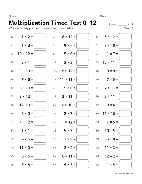 Preview of the printable “Multiplication timed test 0–12, sheet B” worksheet: multiplication facts 0 to 12 from memory
