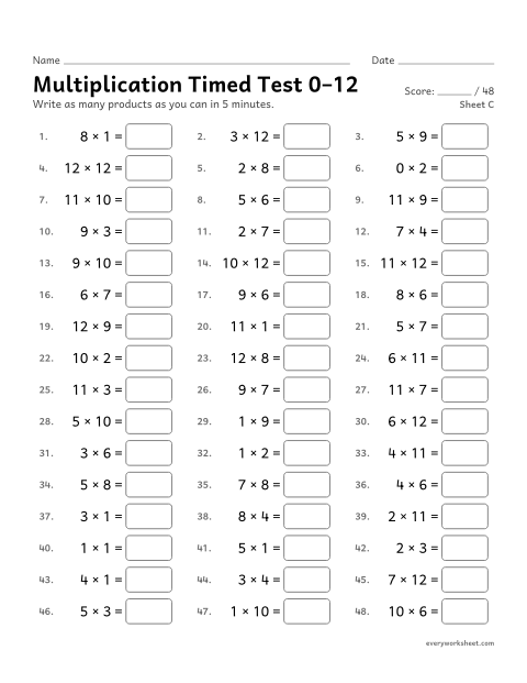 Preview of the printable “Multiplication timed test 0–12, sheet C” worksheet: multiplication facts 0 to 12 from memory