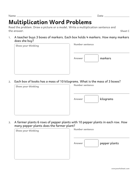 Preview of the printable “Multiplication word Problems, sheet C” worksheet: solving multiplication word problems within 100