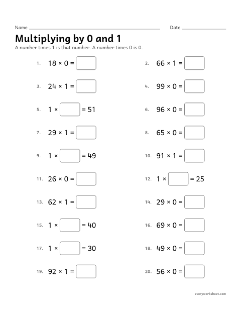 Preview of the printable “Multiplying by 0 and 1” worksheet: the identity and zero properties of multiplication