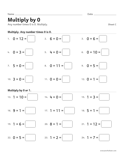 Preview of the printable “Multiply by 0, sheet C” worksheet: multiplying by 0