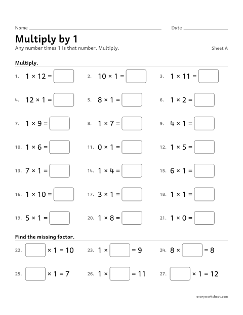 Preview of the printable “Multiply by 1, sheet A” worksheet: multiplying by 1