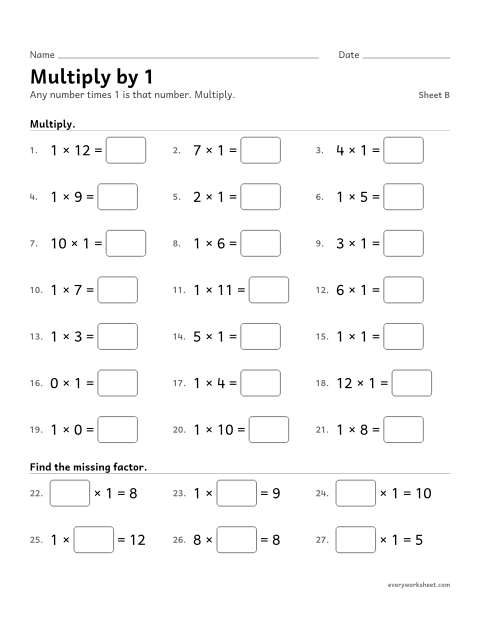 Preview of the printable “Multiply by 1, sheet B” worksheet: multiplying by 1