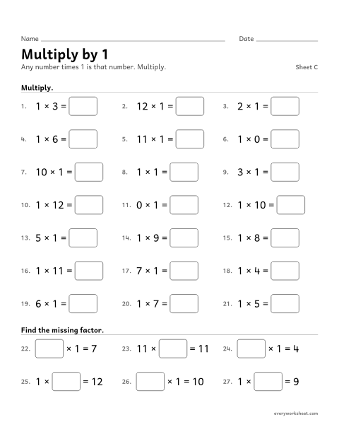 Preview of the printable “Multiply by 1, sheet C” worksheet: multiplying by 1