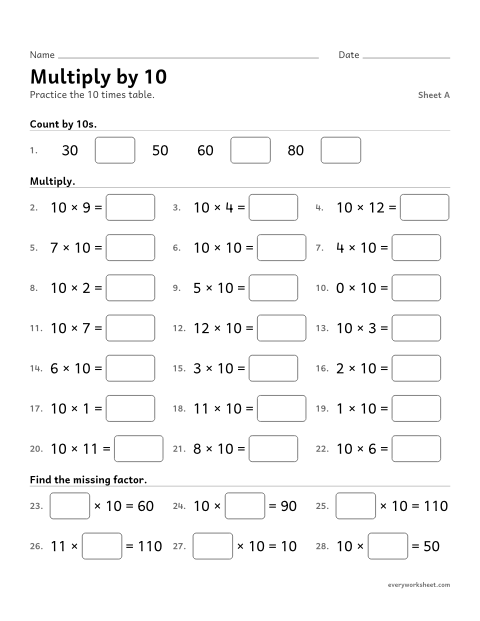 Preview of the printable “Multiply by 10, sheet A” worksheet: multiplying by 10