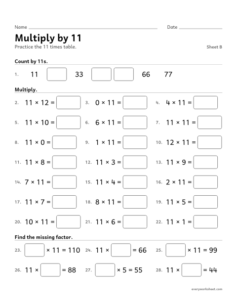 Preview of the printable “Multiply by 11, sheet B” worksheet: multiplying by 11