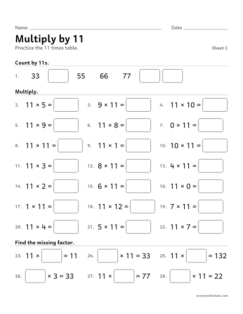 Preview of the printable “Multiply by 11, sheet C” worksheet: multiplying by 11