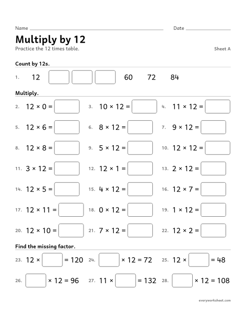 Preview of the printable “Multiply by 12, sheet A” worksheet: multiplying by 12