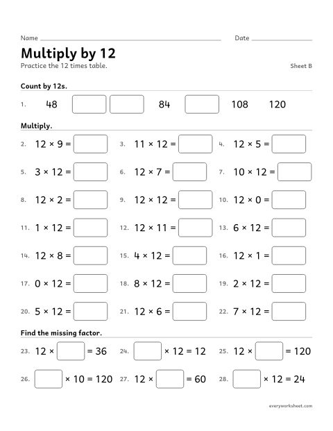 Preview of the printable “Multiply by 12, sheet B” worksheet: multiplying by 12