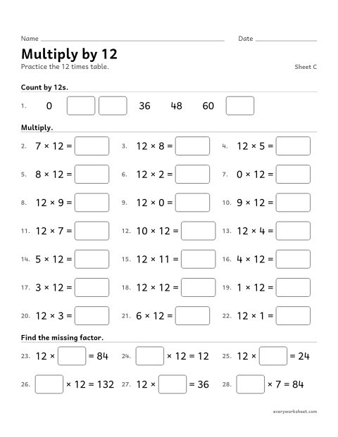 Preview of the printable “Multiply by 12, sheet C” worksheet: multiplying by 12