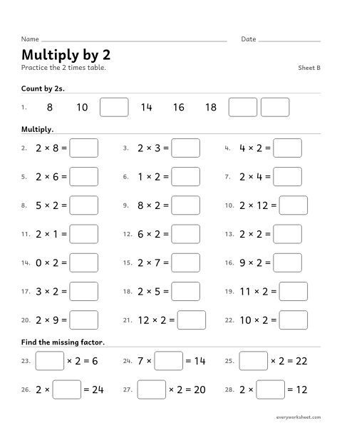 Preview of the printable “Multiply by 2, sheet B” worksheet: multiplying by 2