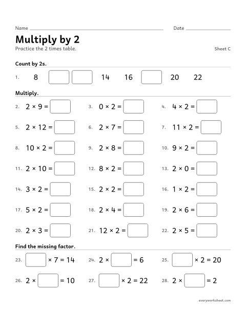 Preview of the printable “Multiply by 2, sheet C” worksheet: multiplying by 2