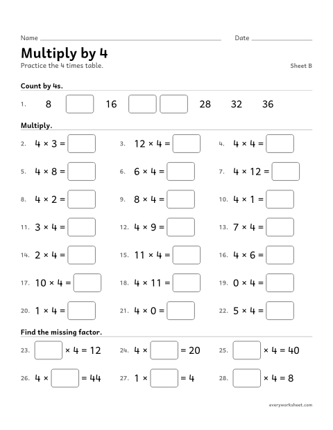 Preview of the printable “Multiply by 4, sheet B” worksheet: multiplying by 4
