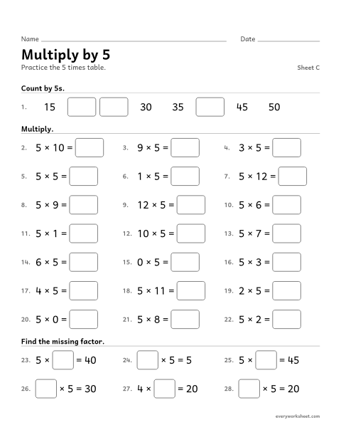 Preview of the printable “Multiply by 5, sheet C” worksheet: multiplying by 5