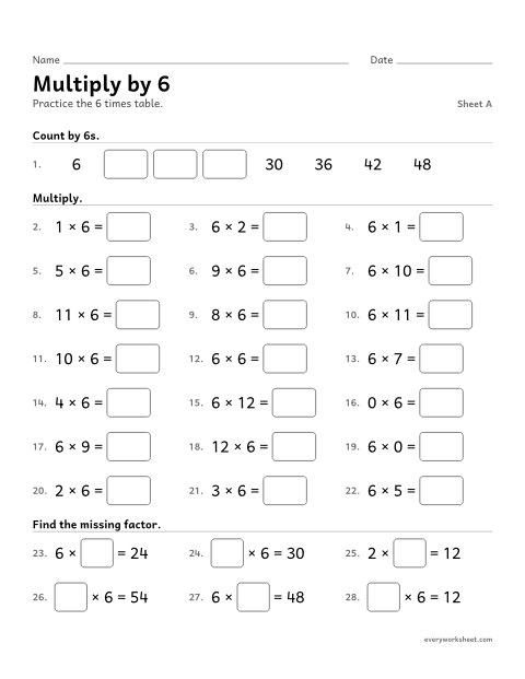 Preview of the printable “Multiply by 6, sheet A” worksheet: multiplying by 6