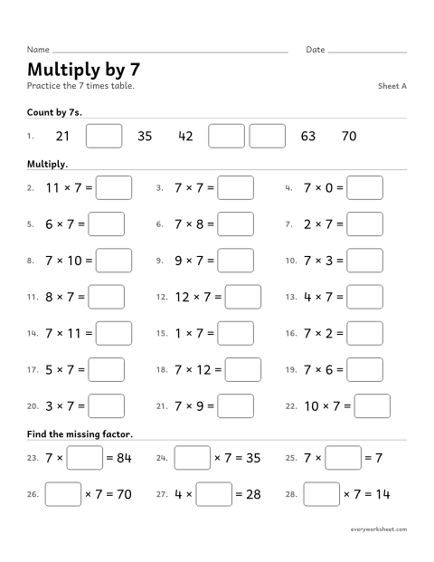 Preview of the printable “Multiply by 7, sheet A” worksheet: multiplying by 7