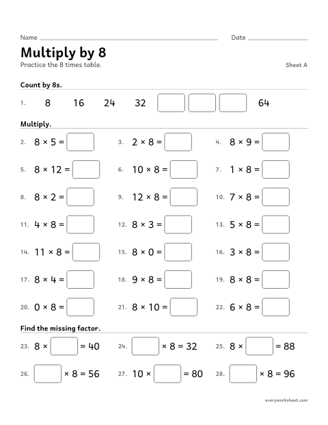 Preview of the printable “Multiply by 8, sheet A” worksheet: multiplying by 8